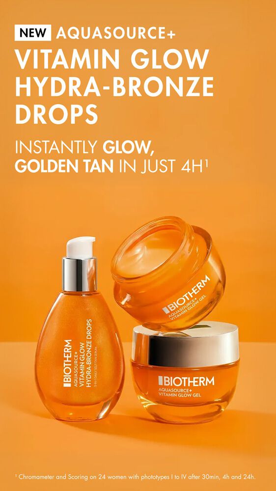 Three orange Biotherm Aquasource+ Vitamin Glow products (Hydra-Bronze Drops bottle and two gel jars) on an orange background, with the text: “NEW Aquasource+ Vitamin Glow Hydra-Bronze Drops. Instantly glow golden tan in just 4H¹.”