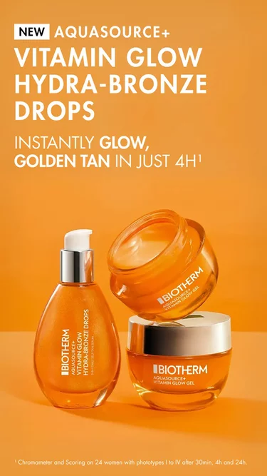 Three orange Biotherm Aquasource+ Vitamin Glow products (Hydra-Bronze Drops bottle and two gel jars) on an orange background, with the text: “NEW Aquasource+ Vitamin Glow Hydra-Bronze Drops. Instantly glow golden tan in just 4H¹.”