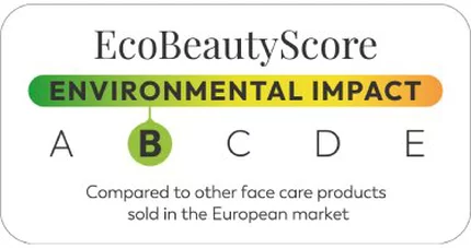Label titled “Eco Beauty Score” with a color‑graded bar reading “Environmental impact.” The bar runs from green to yellow. Below it, the letters A, B, C, D, and E hang in colored circles, with A in green and E in orange. Text at the bottom says: “Compared to other face care products sold in the European market.”